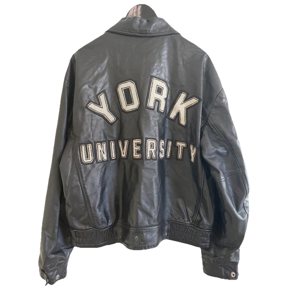 Vtg 90s York University Leather Varsity Jacket Dr Labib Spellout Back Mens 46 LG